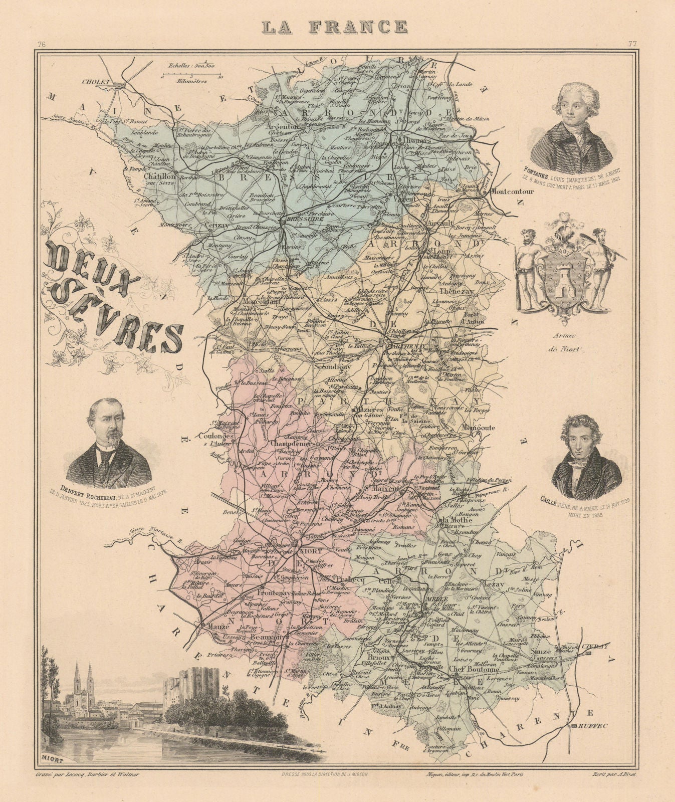 Deux-Sèvres département. Niort vignette. Vuillemin 1890 old antique map chart